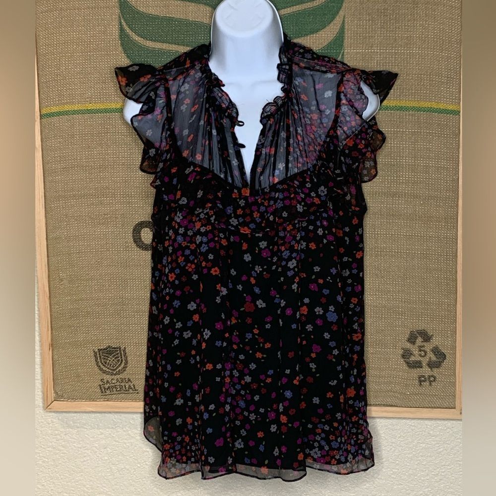 Barneys New York Black Floral Ruffle Blouse